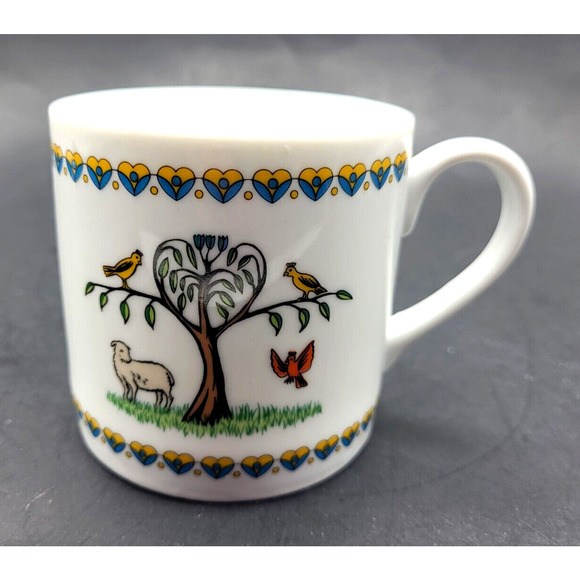 Swedish Seasons SPRING Porcelain Cup Hearts Birds Lamb Tree 12 Oz Gevalia Kaffe - Picture 1 of 7